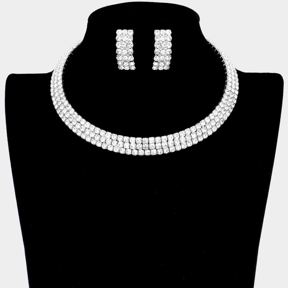 Silver Crystal Rhinestone Choker Necklace Cuff 3 Row Open Statement Jewelry Set